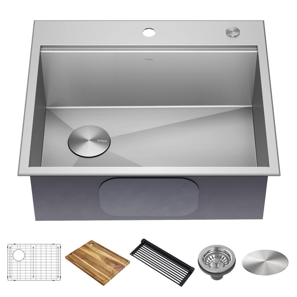 KRAUS Loften 25 in. Drop-inUndermount Single Bowl Stainless Steel Kitchen Workstation Sink with Accessories KWT321-2518