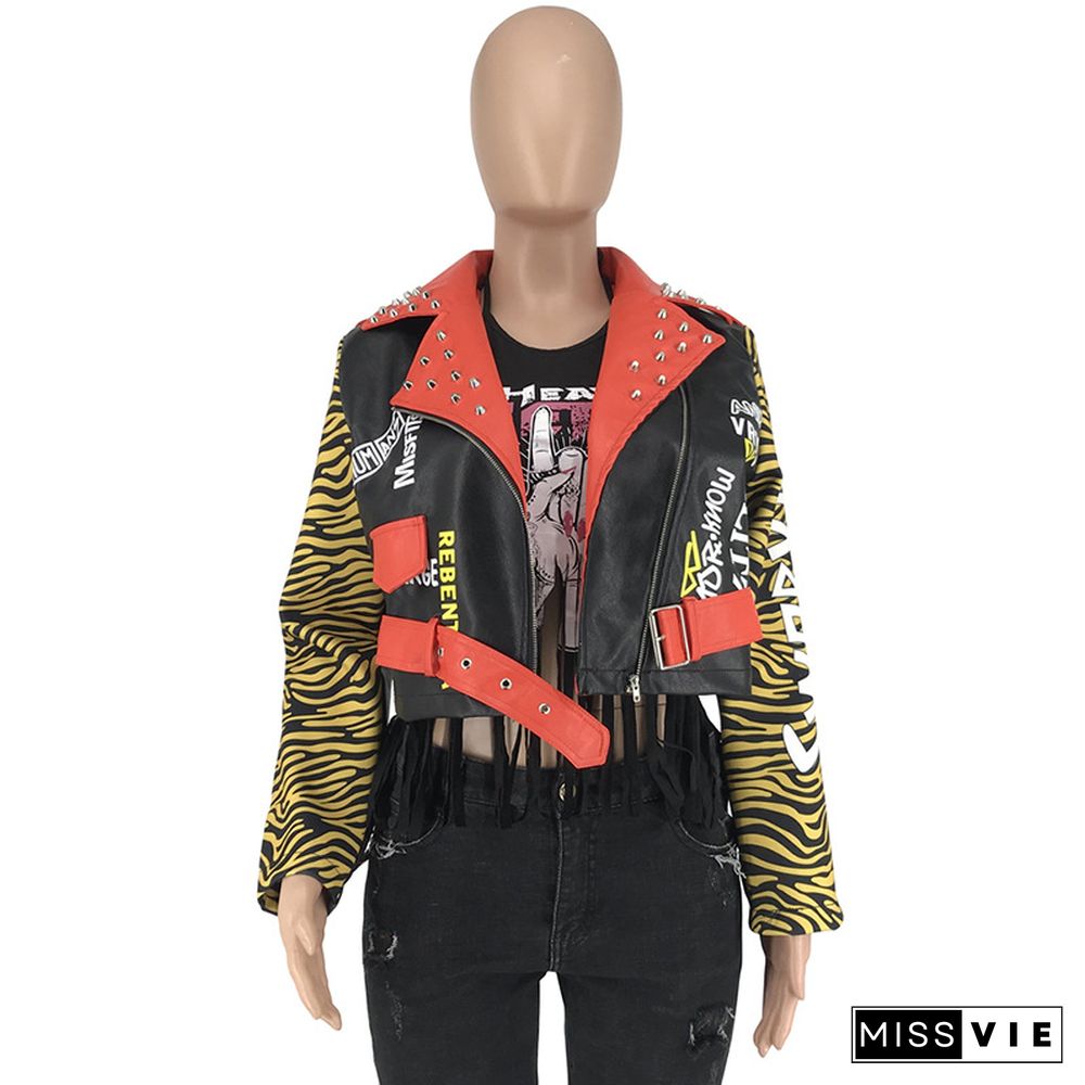 Fashion Tiger Prints Nail Bead Leather Jacket