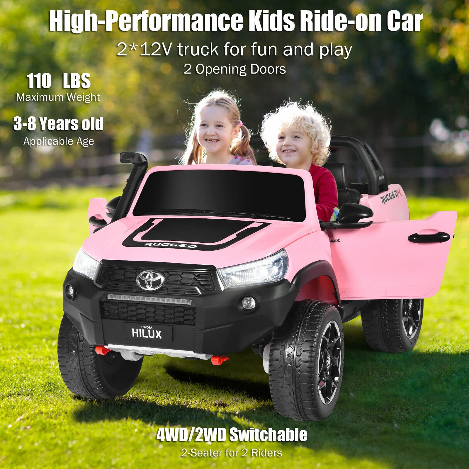 Costzon 2-Seater Ride on Car, 4WD 2x12V Licensed Toyota Hilux Battery Powered Truck w/ Remote Control