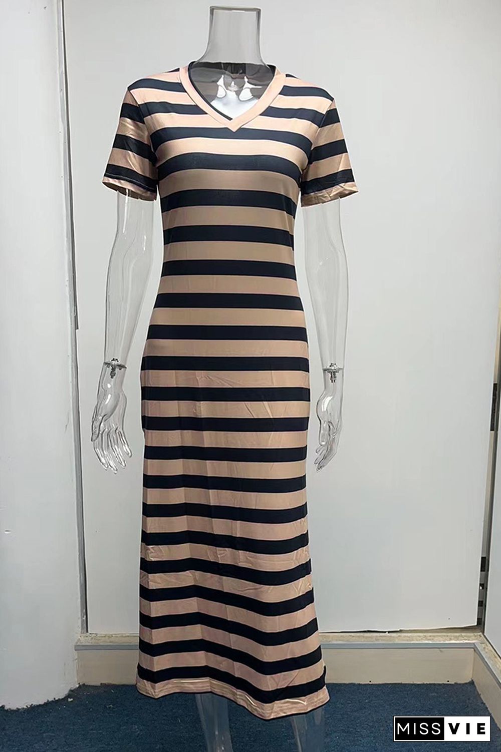 V Neck Split Stripes Dress