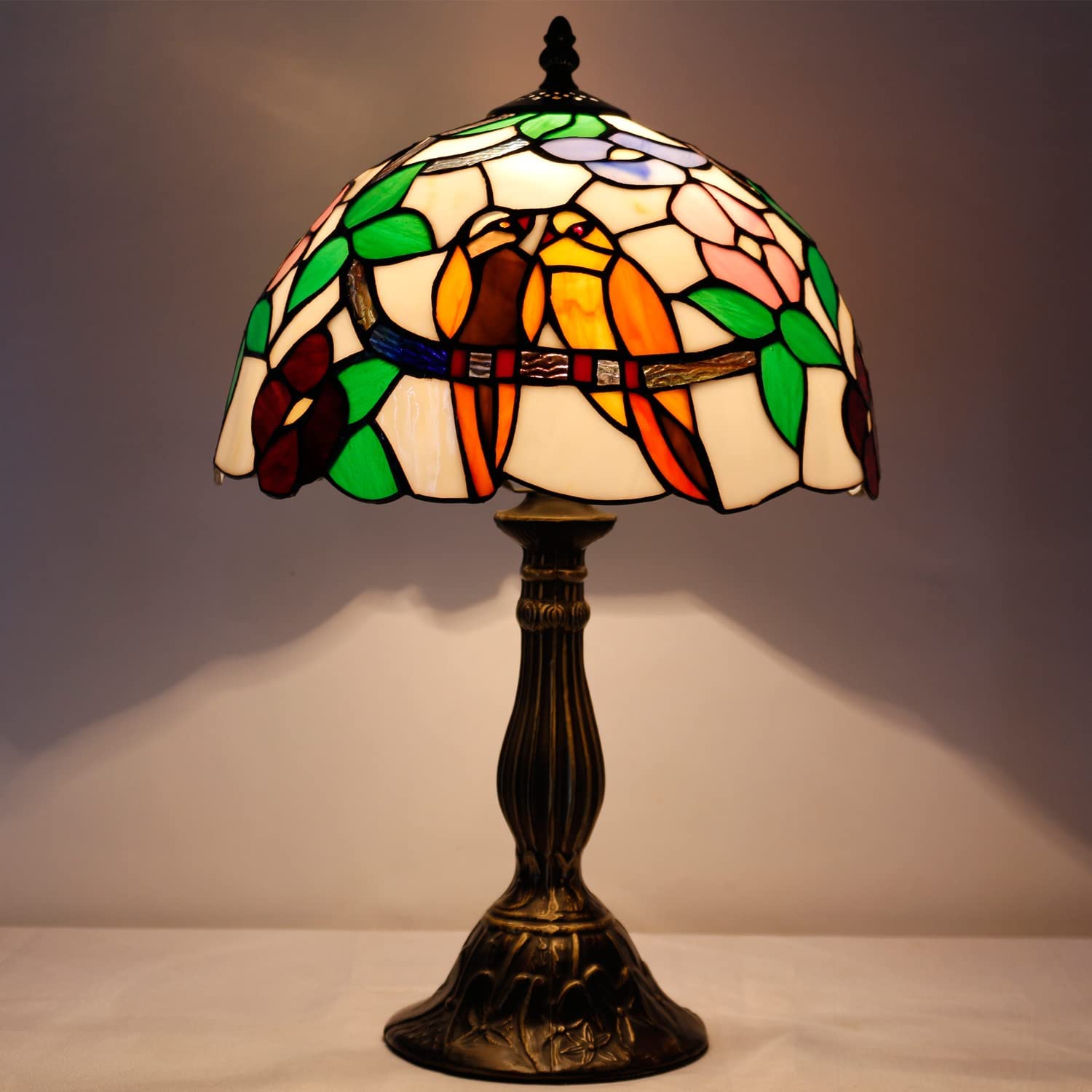 SHADY Tiffany Table Lamp Stained Glass Bedside Lamp Double Tropical Birds Desk Reading Light 12X12X18 Inches Decor Bedroom Living Room Home Office S803 Series