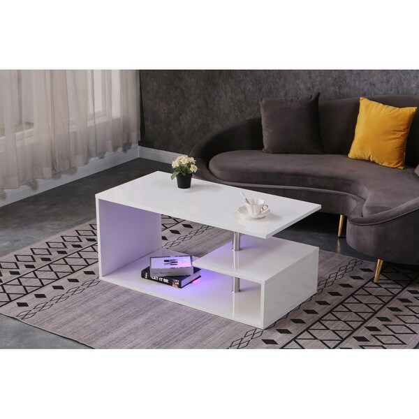 High Gloss LED Centre Sofa Table with S-Shaped Open Storage Shelf