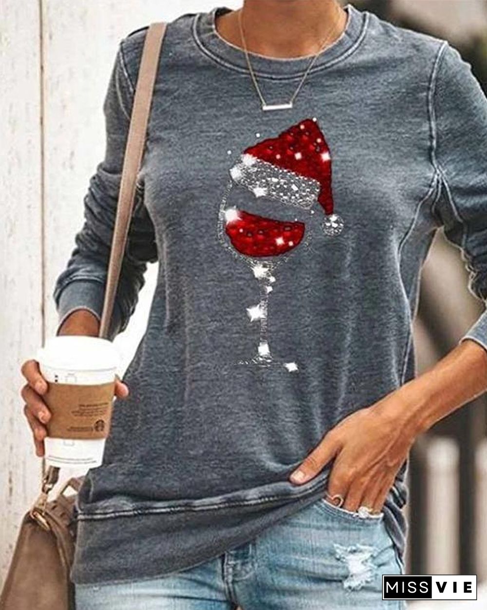 Casual Christmas Wine Glass Print T-shirts