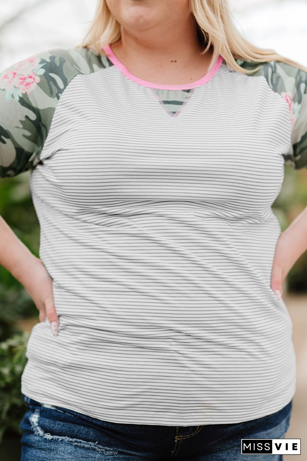 Gray Plus Size Camo Sleeve Striped Tee