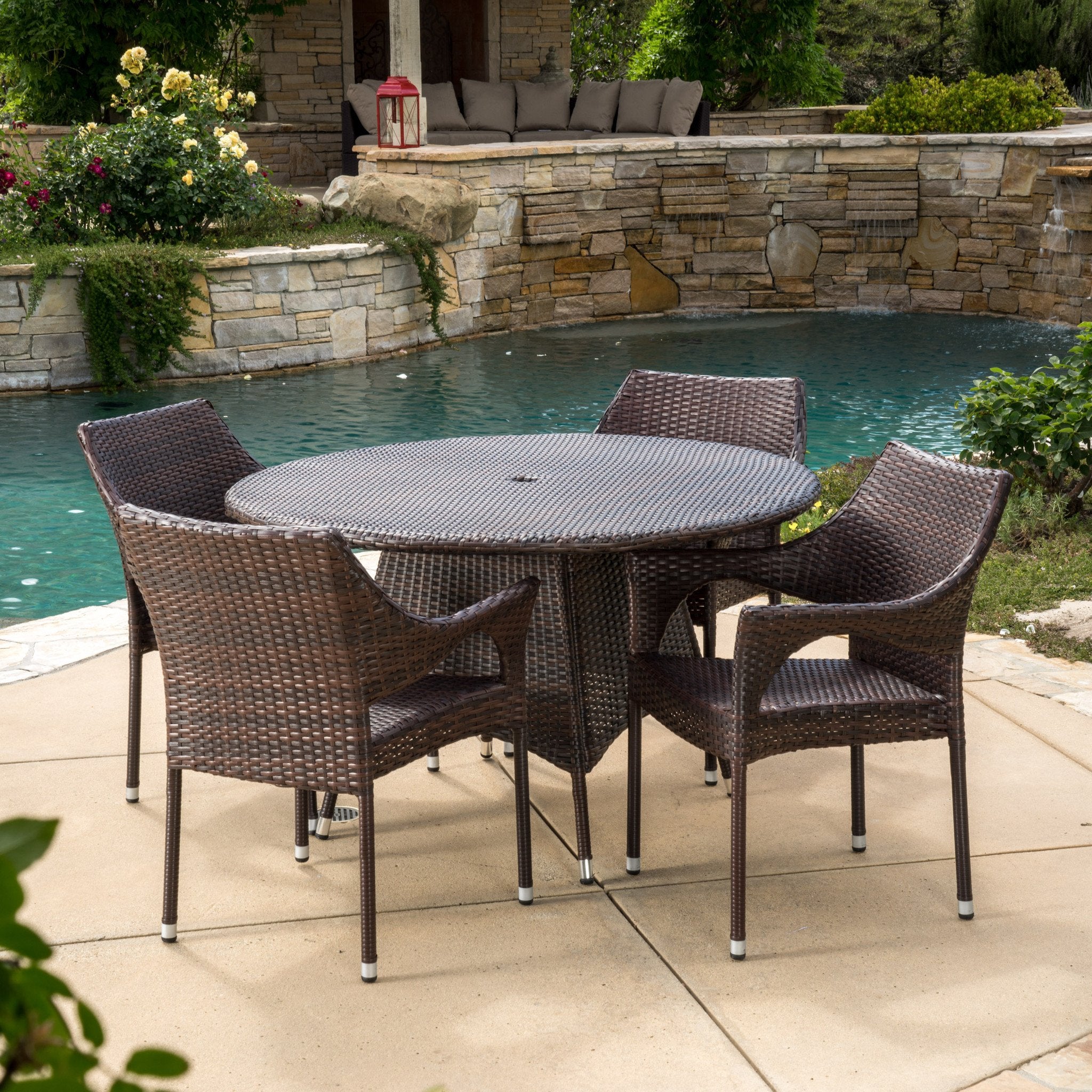 Lorelei Outdoor 5-Piece Multi-Brown Wicker Round Dining Set with Umbrella Hole