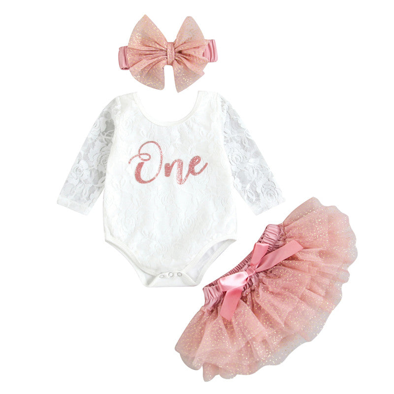 Newborn Baby Girls My First Birthday Outfits Cute Long Sleeve Floral Lace Romper Tutu Skirt Headband Children's Clothing Set