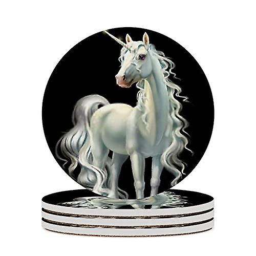 Round Drink Coasters 6 Pcs Unicorn Isolated On Black Absorbent Ceramic Coaster With Cork Base For Coffee Cups Housewarming Gift For Home Decor