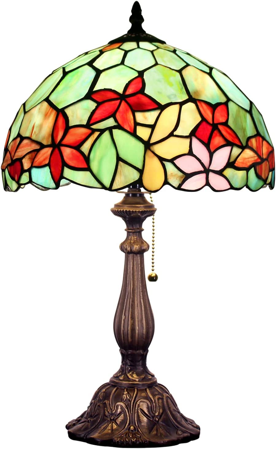 SHADY Tiffany Style Table Lamp W12H19 Inch Stained Glass Flower Antique Bedside Nightstand Desk Reading Lamp Work Study Desktop Light Decor Home Kids Bedroom Living Room Office Pull Chain