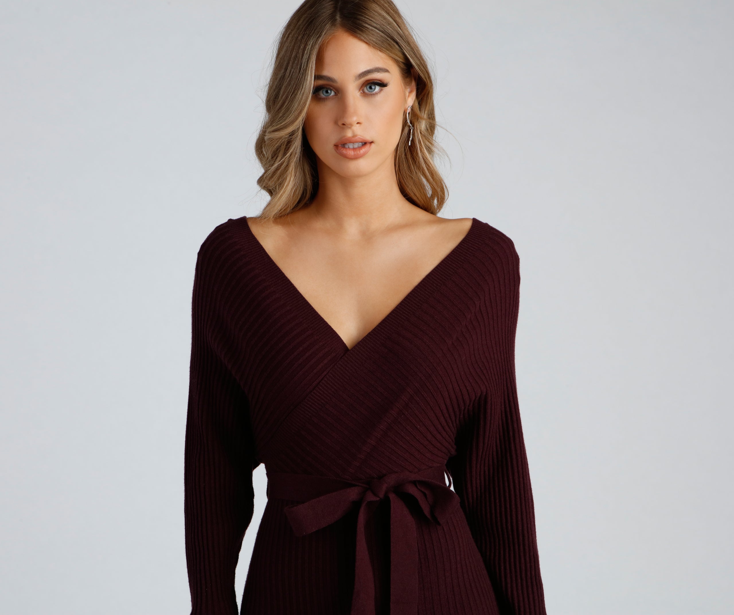 Ribbed Knit Tie-Front Mini Sweater Dress