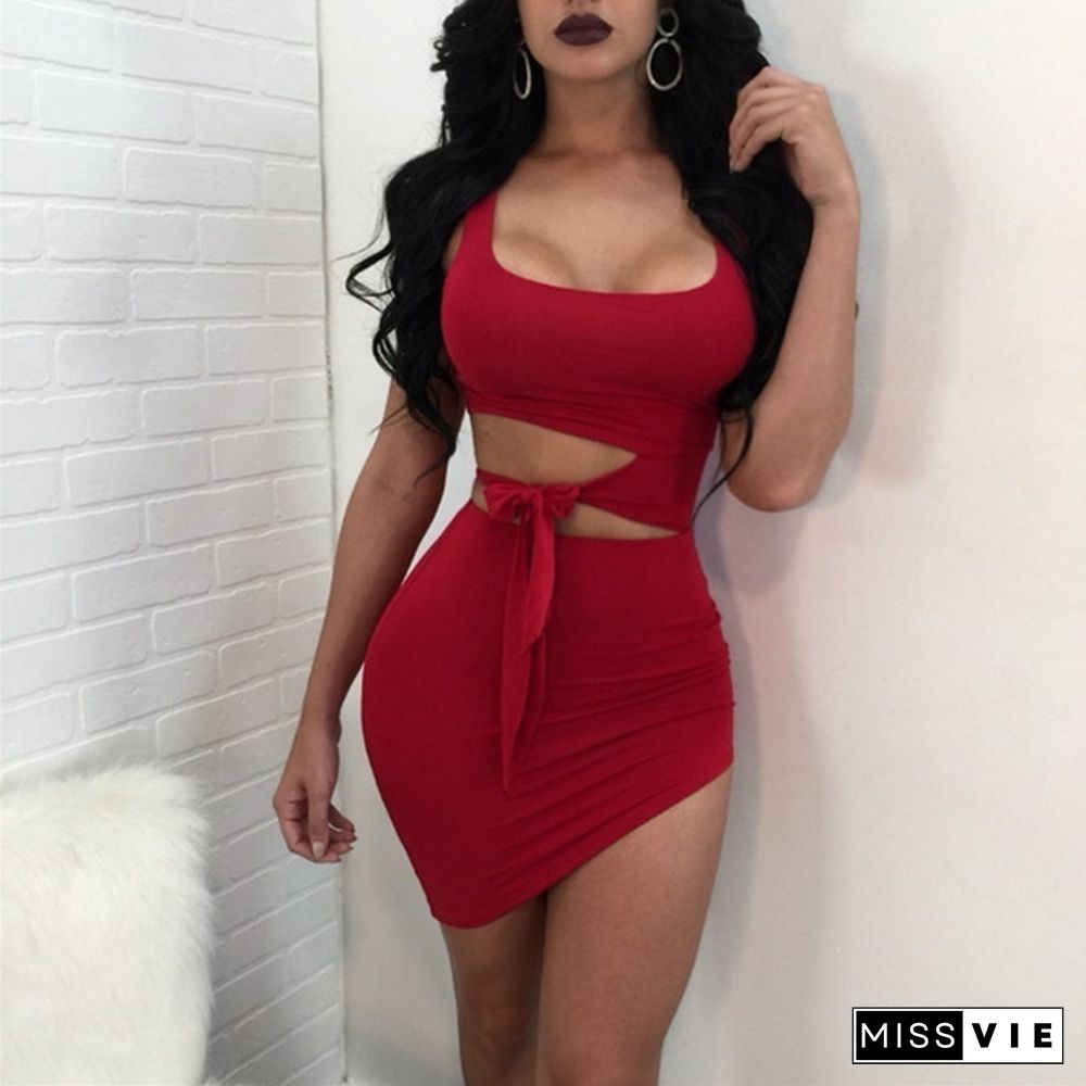 Sexy Women Sleeveless Slip Crop tops Hollow Out Bodycon Irregular Mini Dress