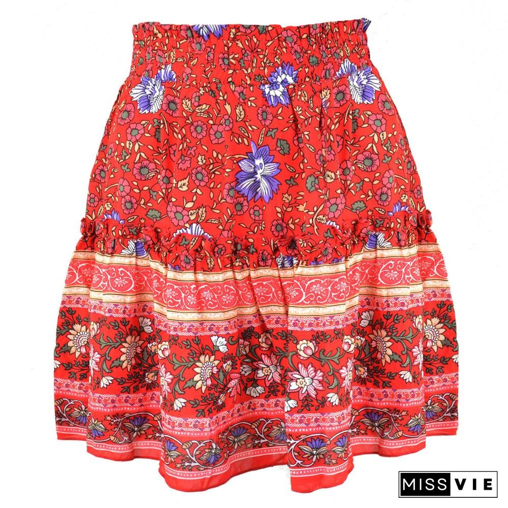 Summer Style Casual Women Beach Boho Mini Skirt Womens Floral Printed Bohemian Fashion Flower Print Skirt Women Skirts