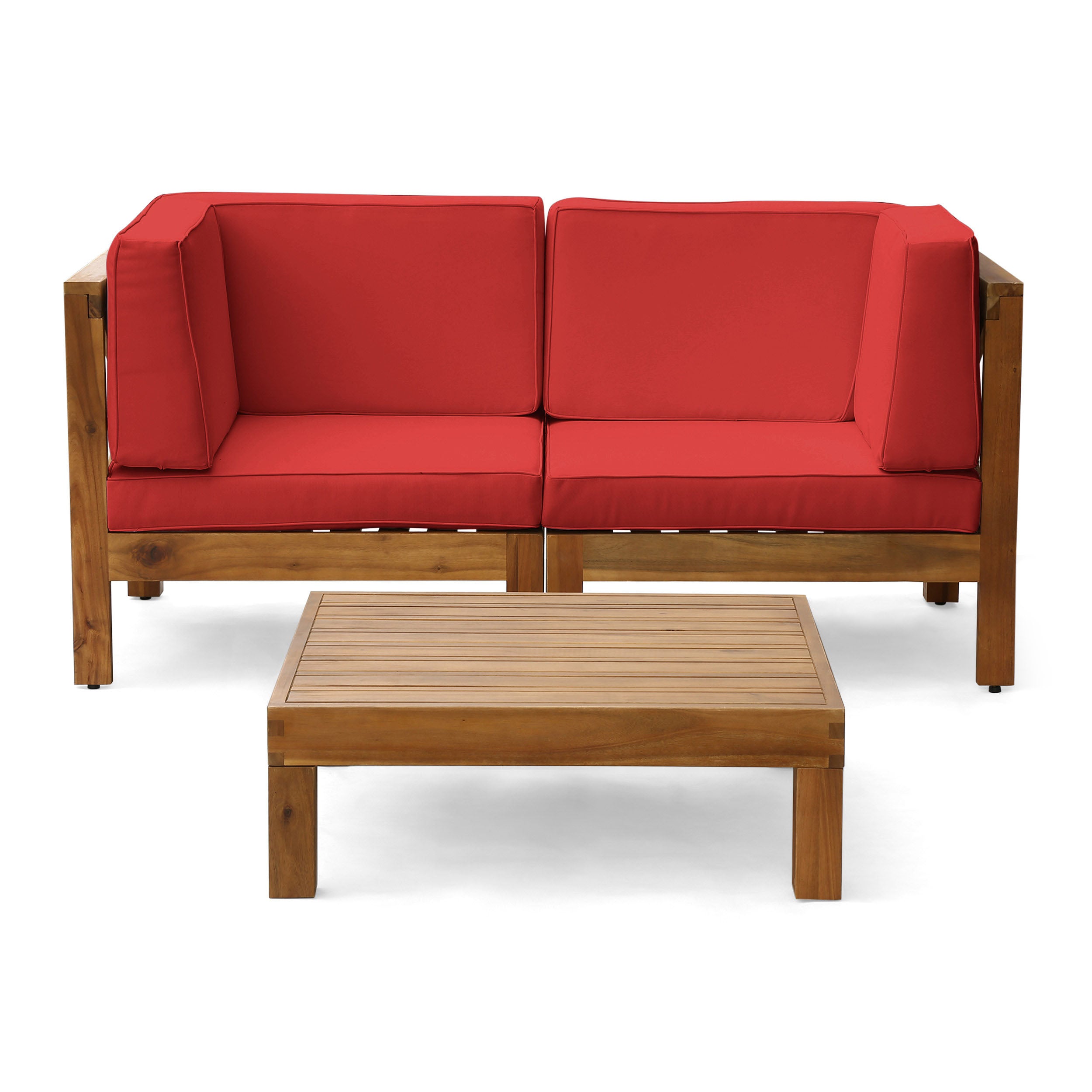 Brava Outdoor Modular Acacia Wood Sofa with Cushions and Coffee Table Set