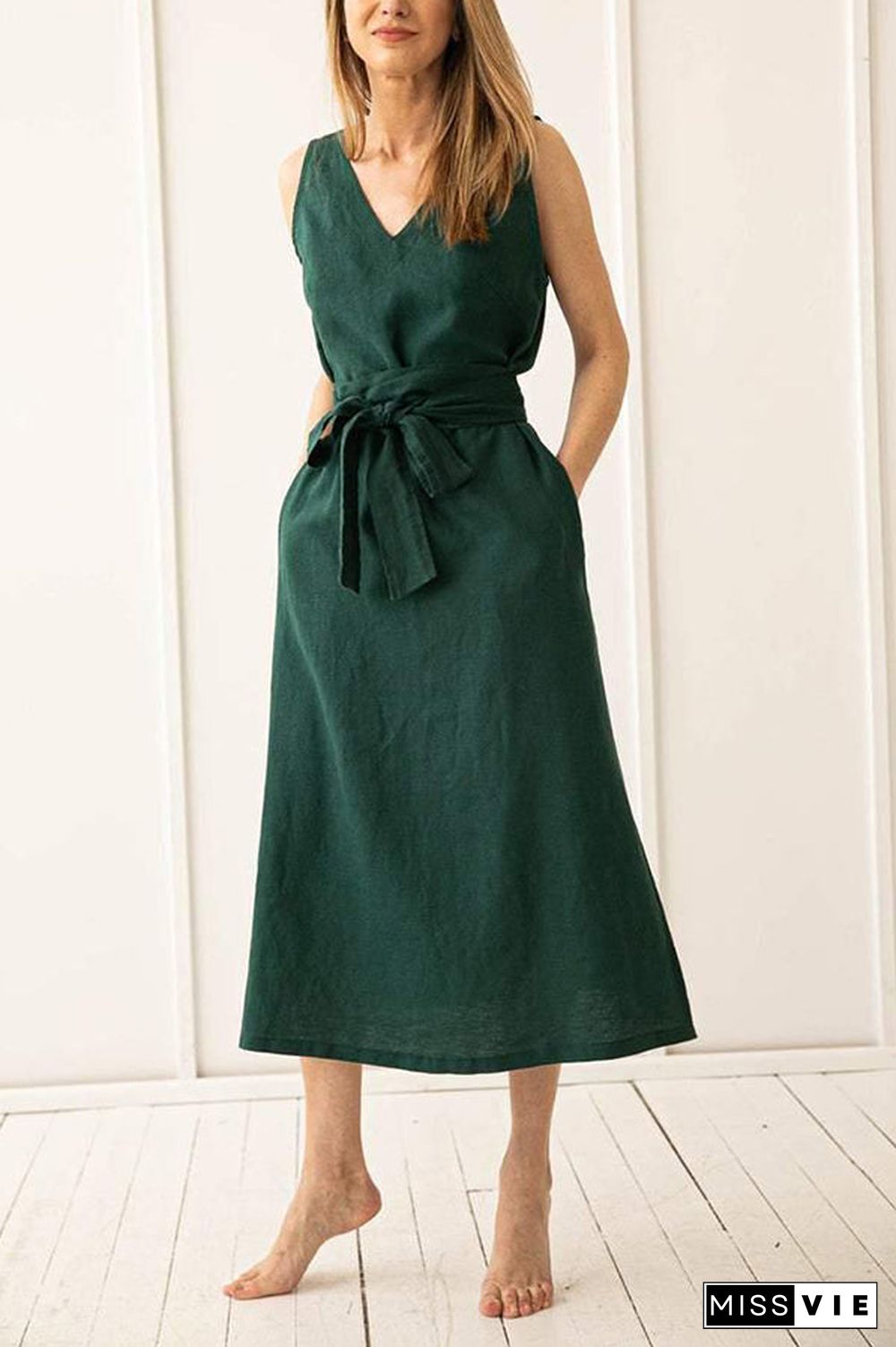 V Neck Sleeveless Belted Midi Dress