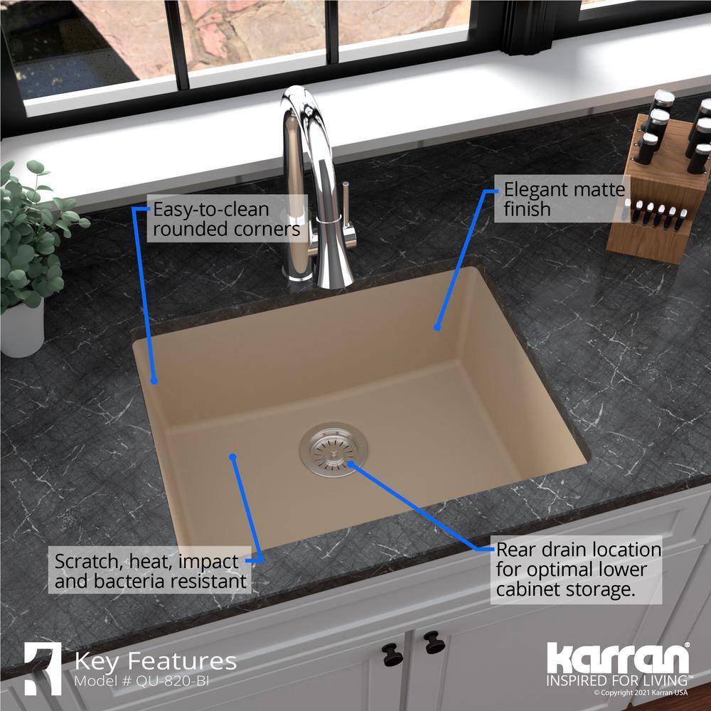 Karran QU- 820 Quartz 24.38 in Single Bowl Undermount Kitchen Sink in Bisque QU-820-BI