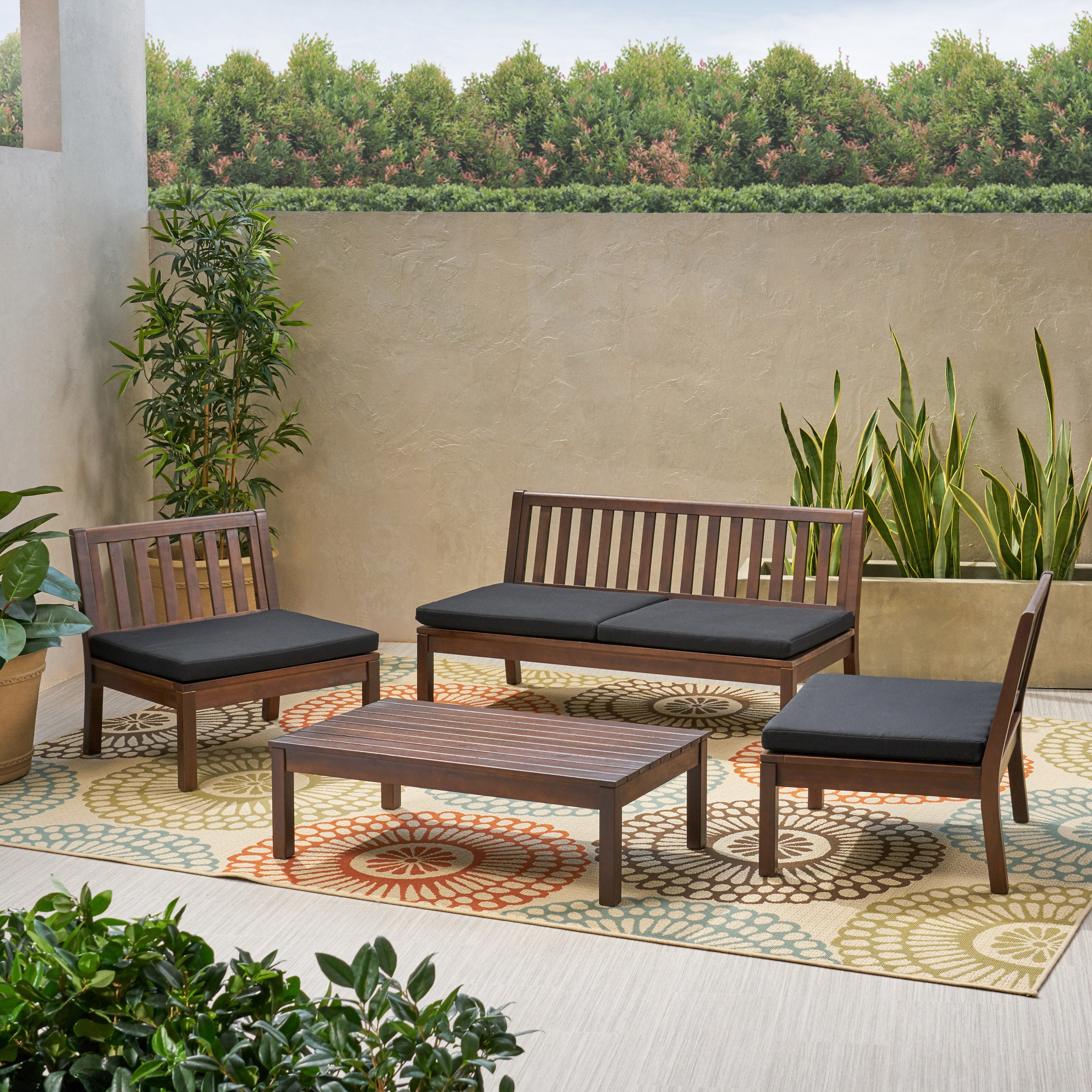 Arth Outdoor Acacia Wood Chat Set with Coffee Table