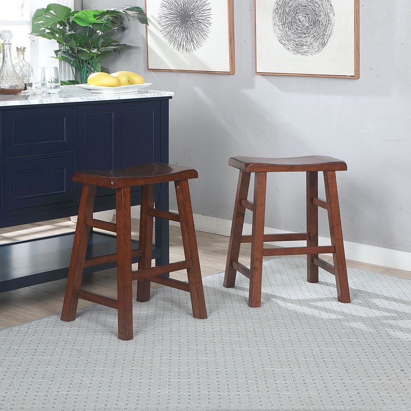 eHemco Heavy-Duty Solid Wood Saddle Seat Kitchen Counter Height Barstools， 24 Inches， Set of 2