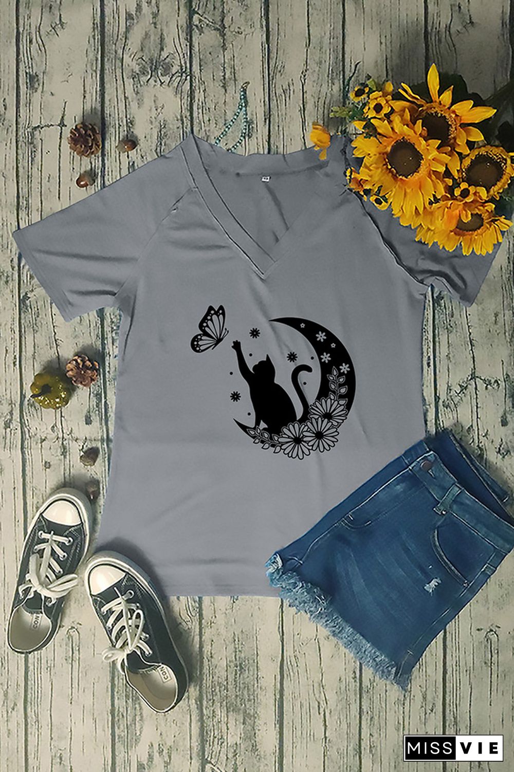 Floral Cat V Neck Graphic Tee