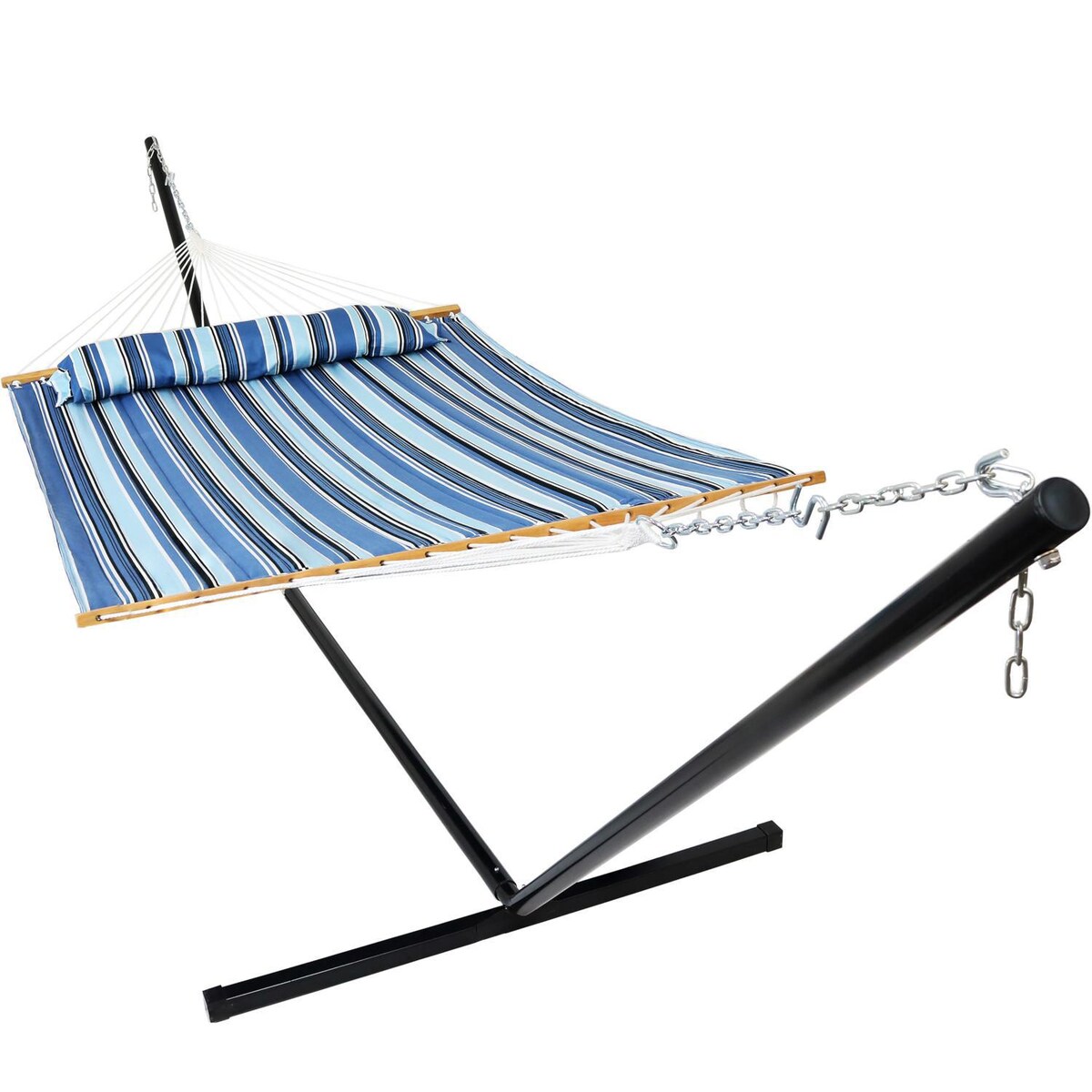 Ultimate Patio Quilted Double Hammock w/ 15-Foot Steel Beam Stand and Pillow