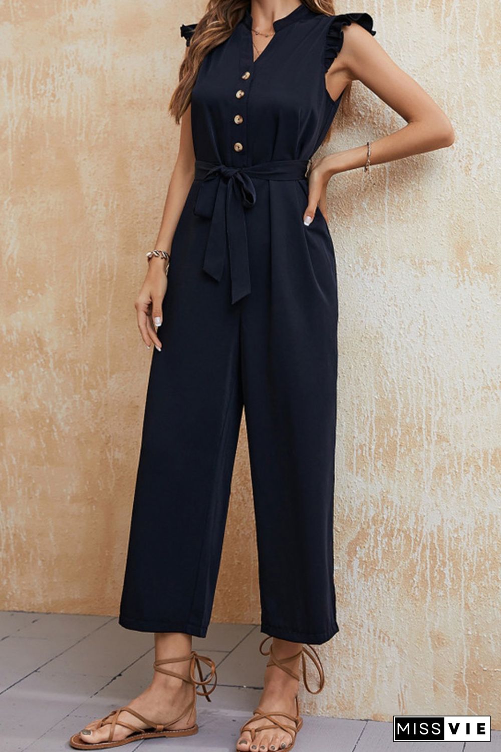 Sleeveless Ruffle Button Up One Piece Jumpsuit