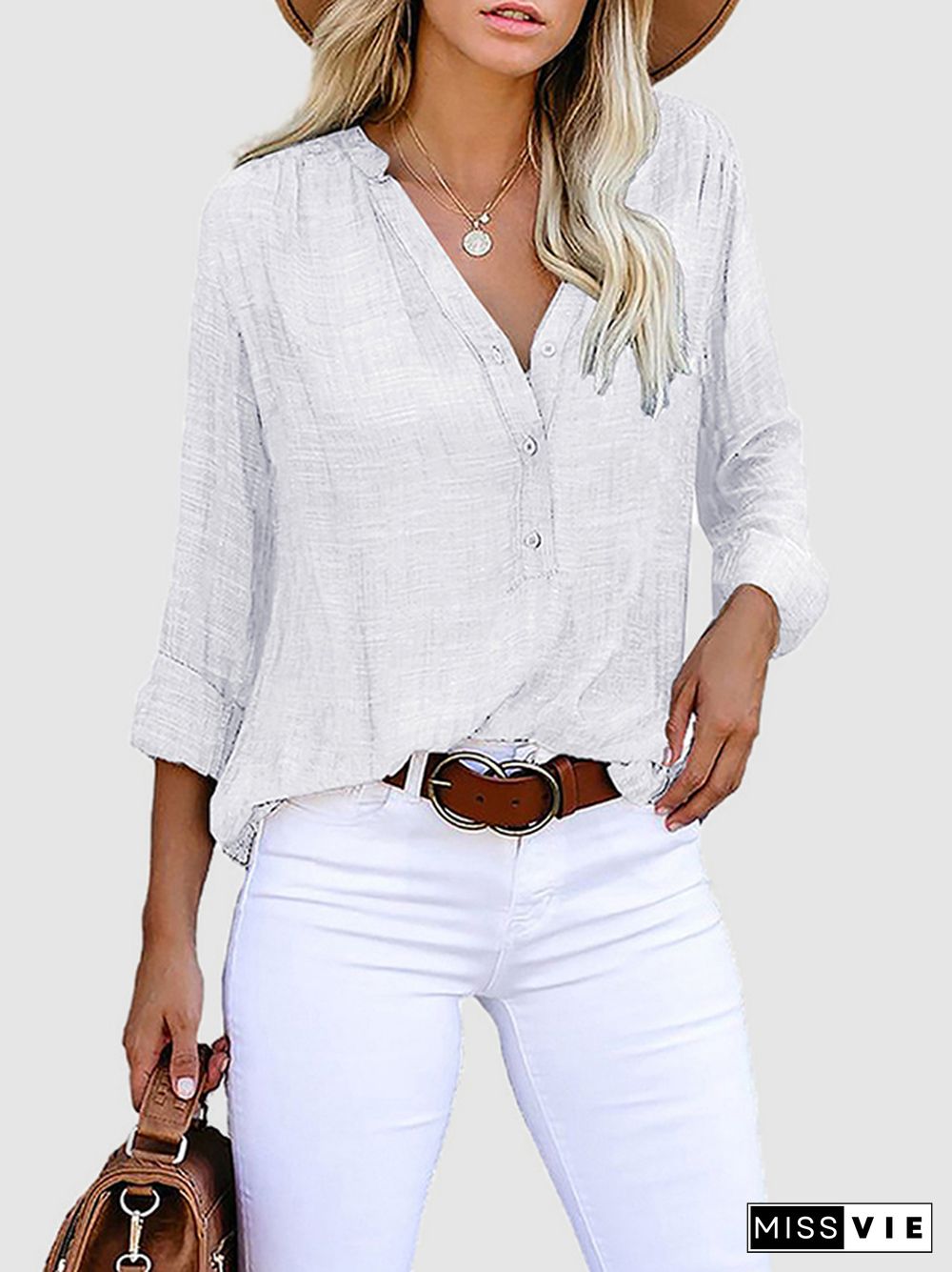 Long Sleeves Loose Buttoned Pockets Solid Color V-Neck Blouses&Shirts Tops