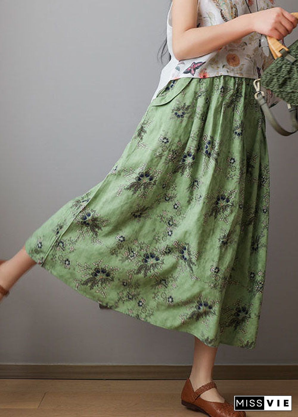 Organic Green elastic waist print Cotton Skirts Spring