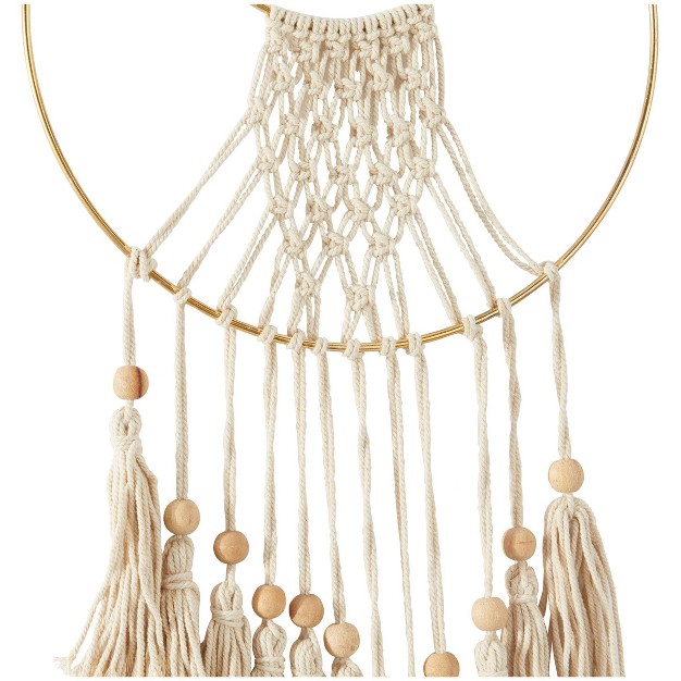 Cotton Macrame Handmade Wall Decor With Wood Beads And Gold Circular Frame Cream Olivia amp May