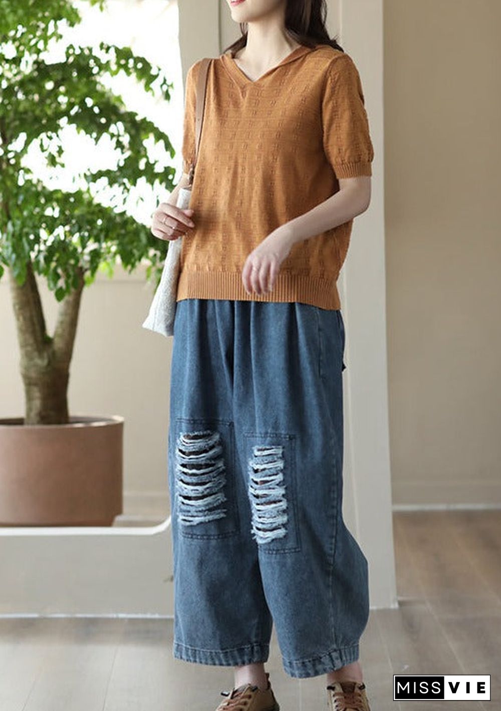 Loose Hollow Elasticity Denim Harem Pants