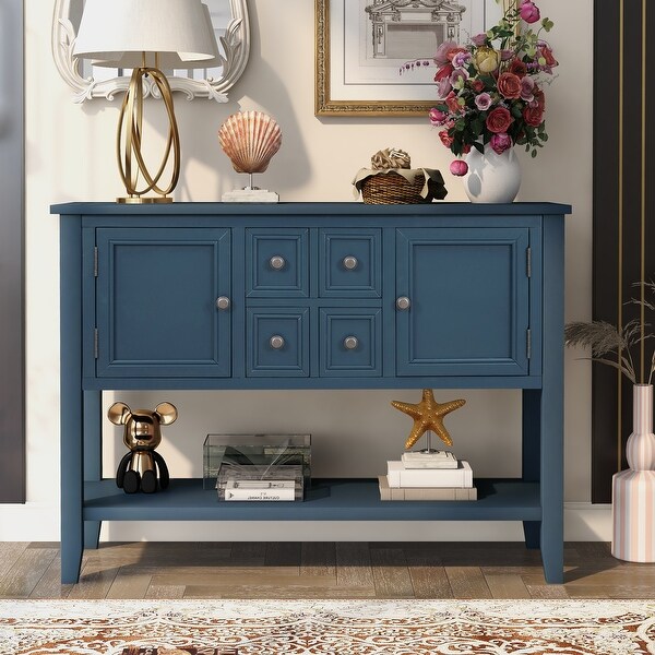 Retro 4-drawer Buffet Sideboard Console Table with Bottom Shelf