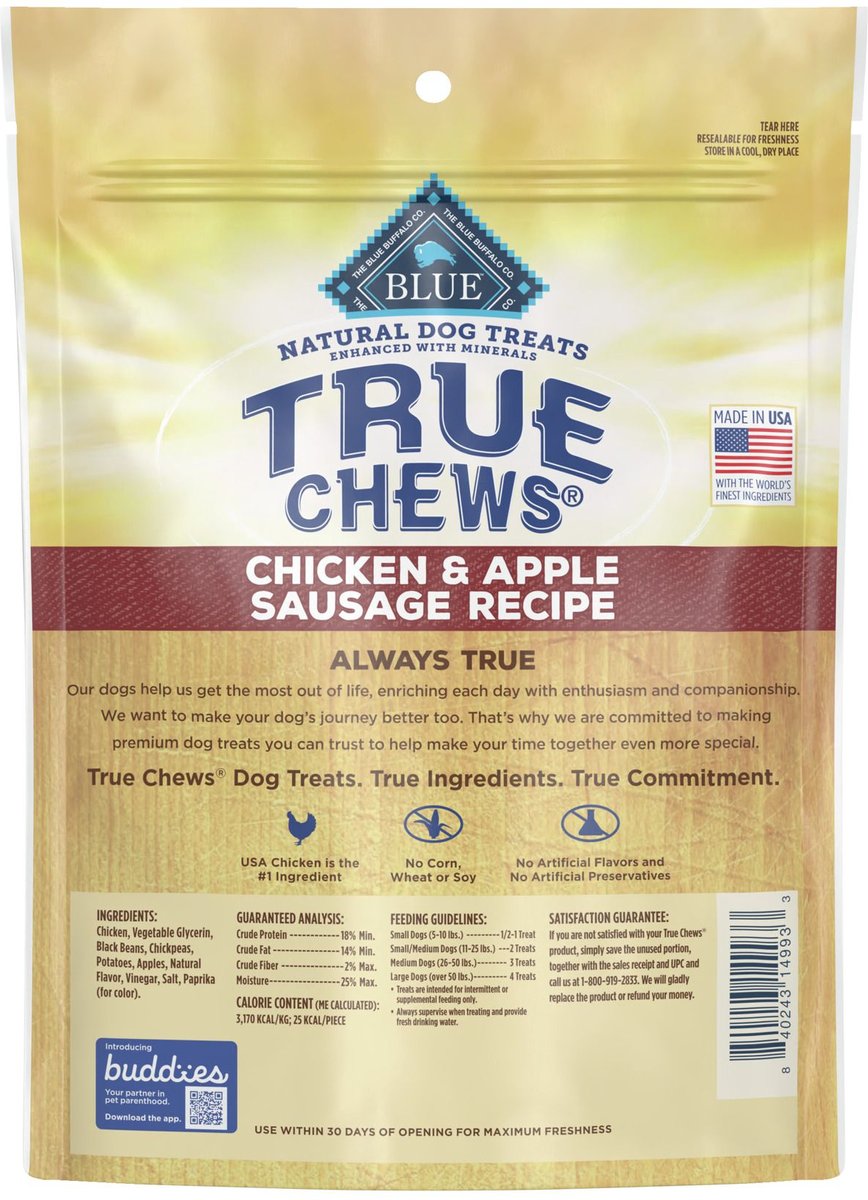 Blue Buffalo True Chews Natural Chicken and Apple Sausage Dog Treats