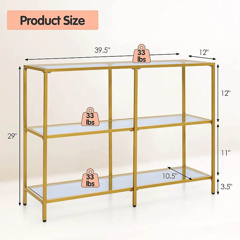 3-Tier 12D x 29W Inch Console Table with Tempered Glass Shelf-39.5 inches