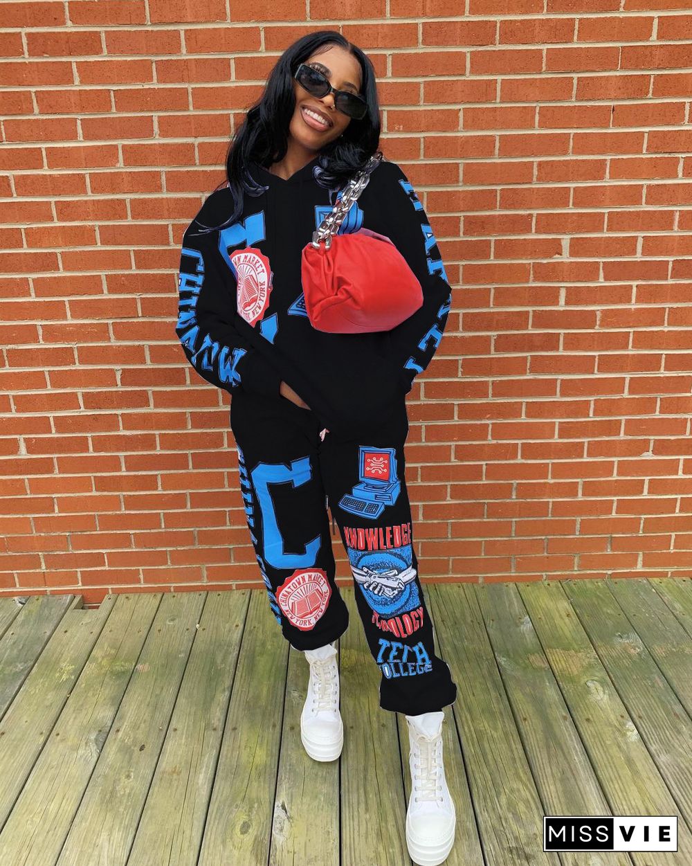 Street-style Printed Long Sleeves Hoodie Sweatpants Set