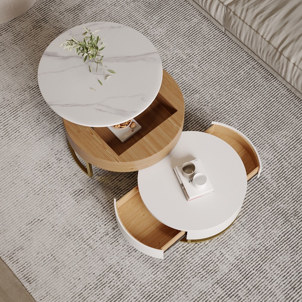 Round Coffee Table White with Storage Lift Top Wood Coffee Table Lifts up with Rotatable Drawers White Natural