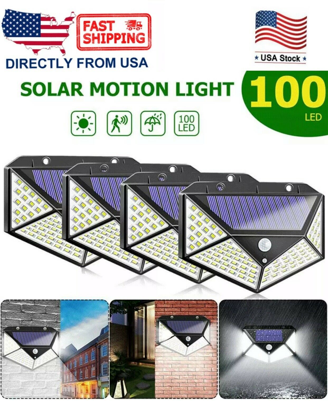 4 X 100LED PIR Motion Sensor Wall Light Solar Power Outdoor Garden Security Lamp