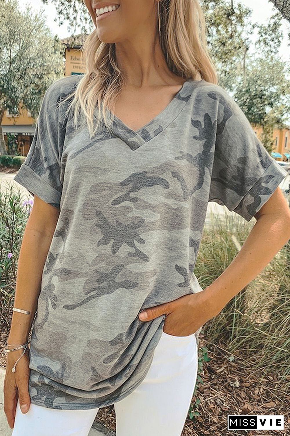 Camouflage V-Neck Short Sleeve T-shirt