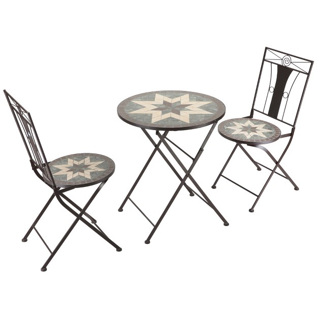 Outsunny 3 Piece Patio Bistro Set Metal Folding Chairs Foldable Outdoor Dining Table Stone Mosaic Pattern For Decor Poolside Porch Coffee