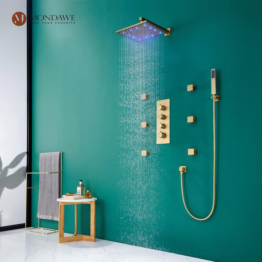 Mondawe Luxury LED Thermostatic 3-Spray Patterns 12 in. Wall Mount Rain Dual Shower Heads with 6-Jet in Brush Gold WF-6374-12-BG