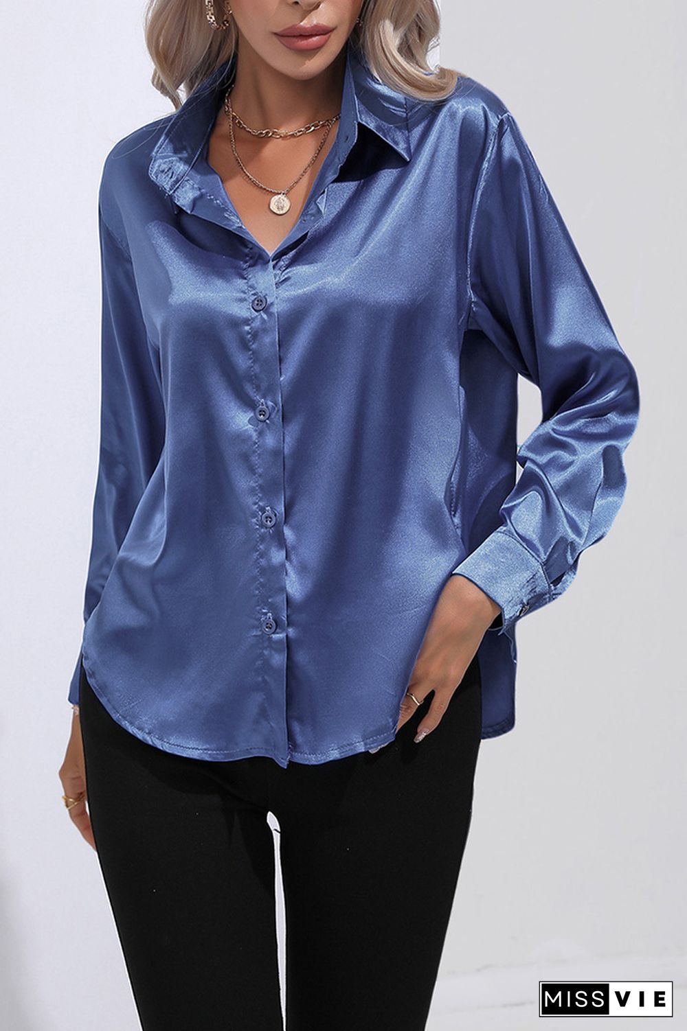 Plain Silky Open Button Long Sleeves Blouse Shirt