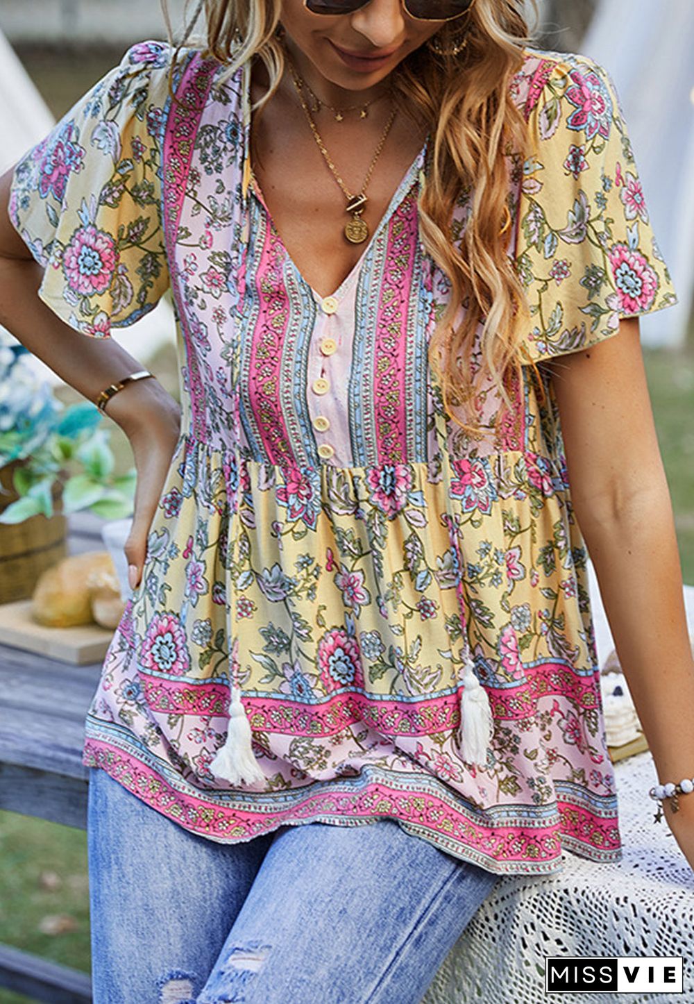 Tie V Neck Peplum Boho Blouse