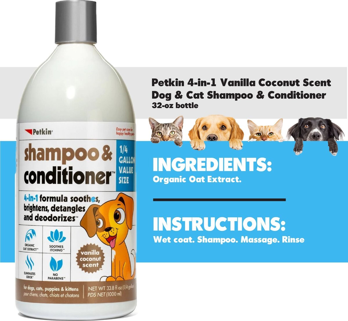 Petkin 4-in-1 Vanilla Coconut Scent Dog and Cat Shampoo and Conditioner， 32-oz bottle