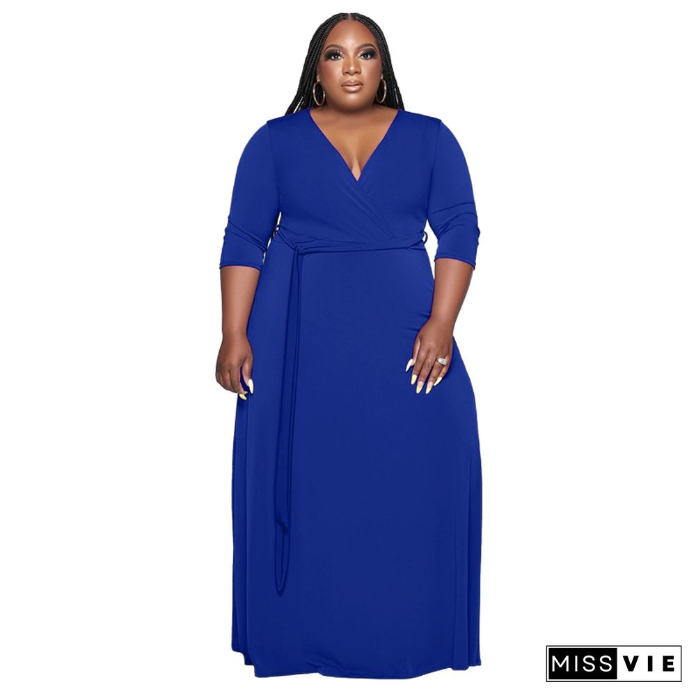 V Neck Sashes Loose Casual Plus Size Dresses