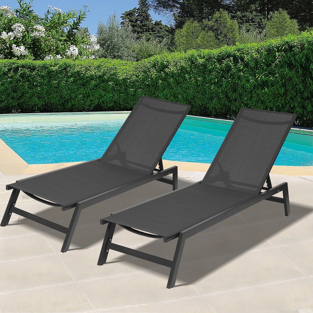 Outdoor 2 Pcs Set Chaise Lounge Chairs Five Position Adjustable Aluminum Recliner  Weather for Patio Beach and Yard