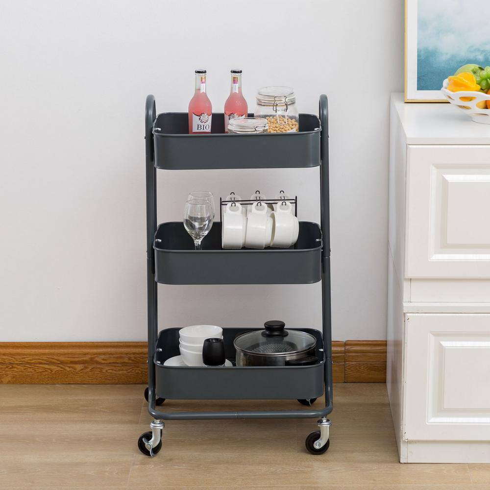 Huluwat 3-Tier Metal 4-Wheeled Storage Shelves Utility Cart in Gray RY-G-USBO4506