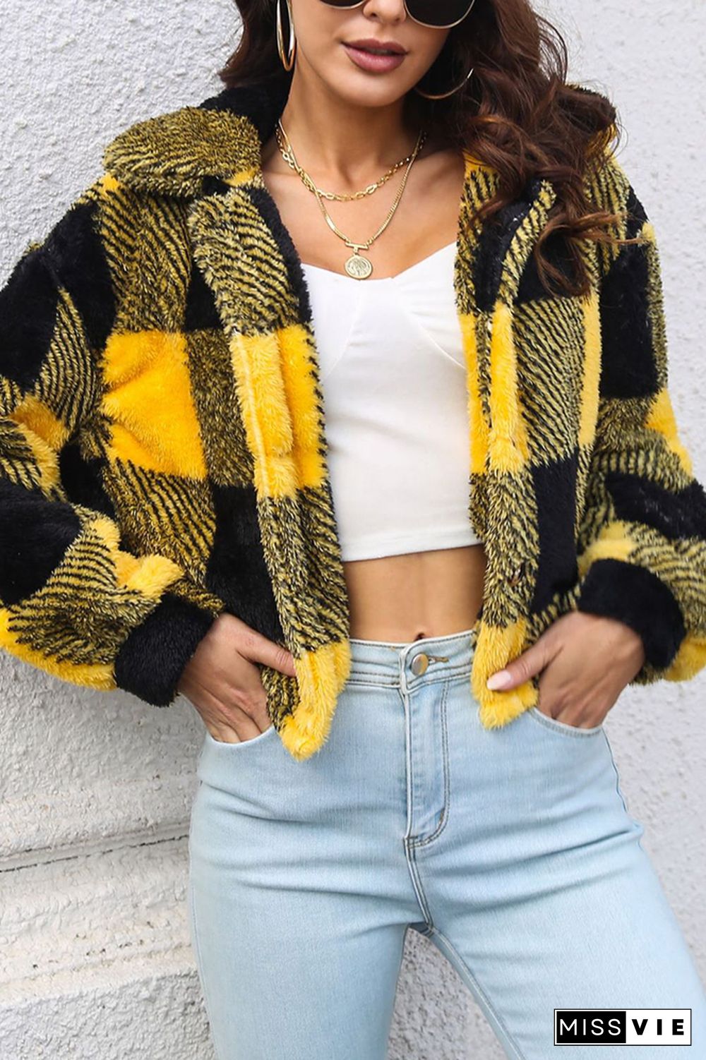 Open Button Fleece Plaid Crop Jackets