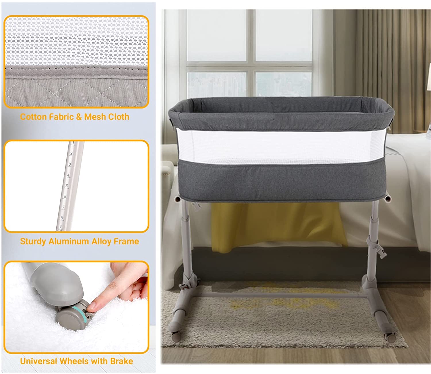 Pirecart Baby Bassinet Bedside Sleeper Infant Portable Travel Bassinet Crib W/ Wheels