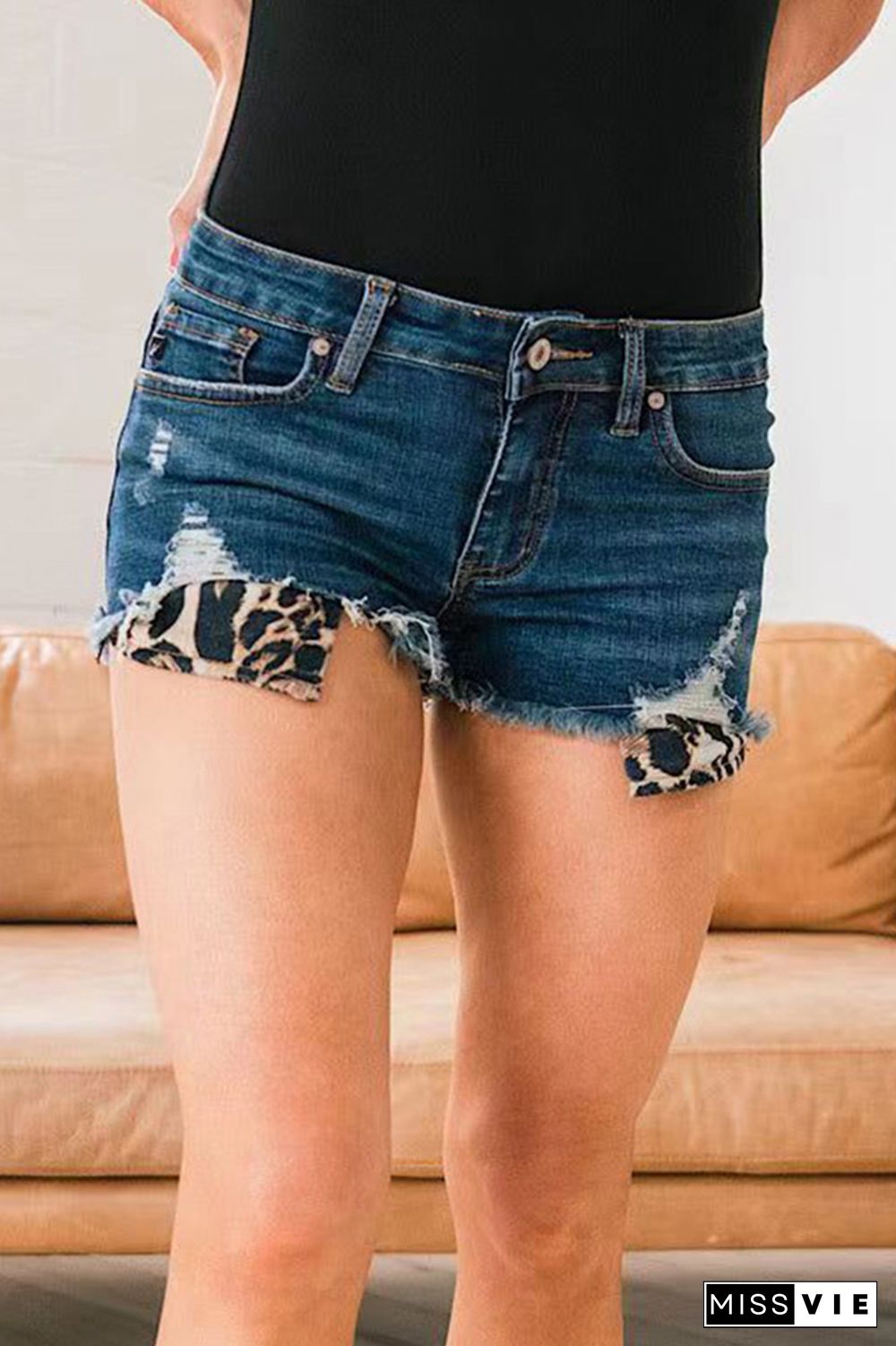 Ripped Leopard Pocket Denim Shorts