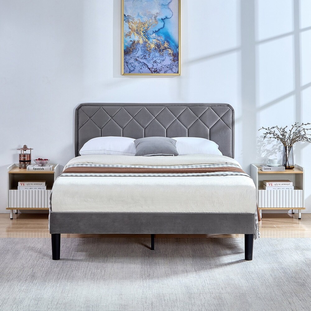 Upholstered Platform Bed Frame with Modern Adjustable Headboard  No Box Spring Needed