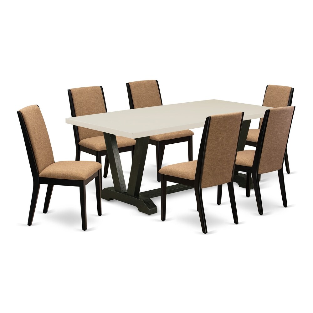 East West Furniture Dining Table Set  a Dining Room Table and Light Sable Linen Fabric Parsons Chairs  Black(Pieces Options)