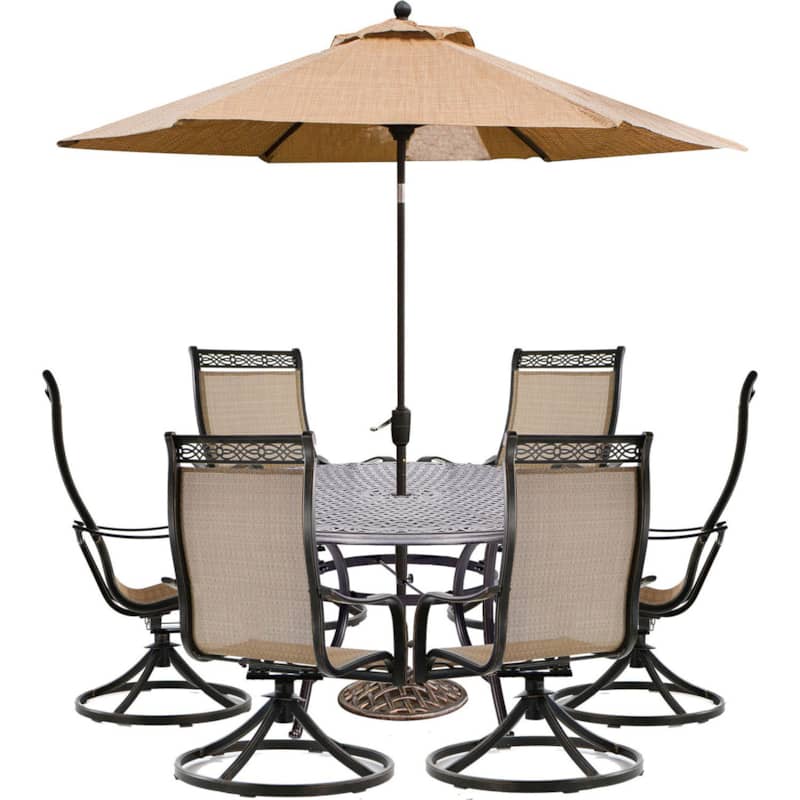 Hanover Manor 7-Piece Outdoor Dining Set In Tan Sling/Cast With 6 Sling Swivel Rockers， 60 Round Cast Table， Umbrella Base