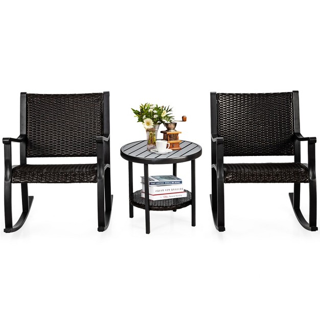 Tangkula 3 piece Wicker Rocking Bistro Set Outdoor Conversation Set With Coffee Table