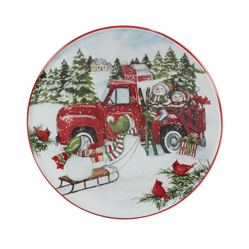 Certified International Red Truck Snowman 4-pc. Canape Plate Set